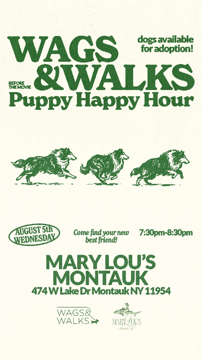 Flyer for Wags & Walks Puppy Happy Hour at Mary Lou's