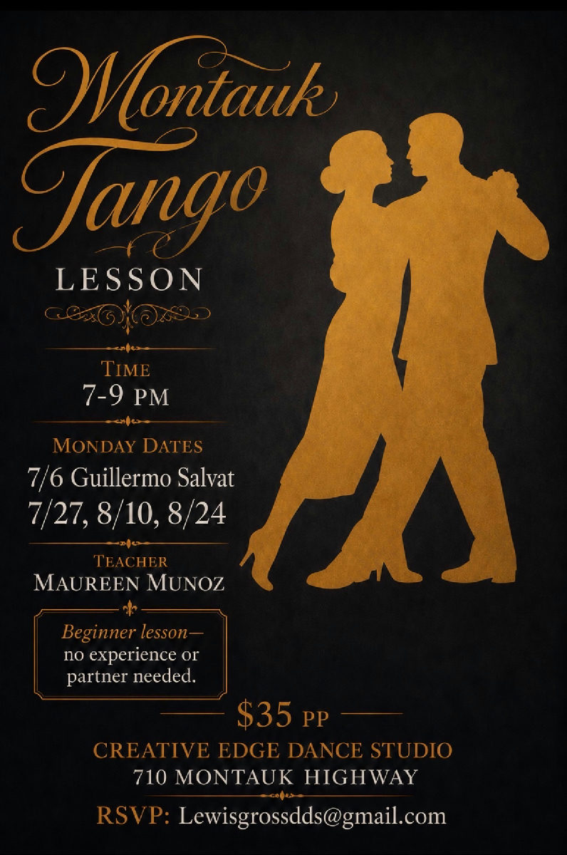 Flyer for Montauk Tango Lesson with Maureen Munoz at Creative Edge Studio