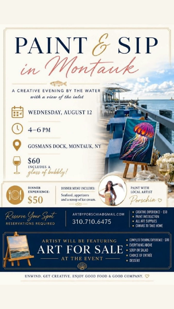 Flyer for Paint & Sip in Montauk with Porschia at Gosman's Lobster House & Clam Bar