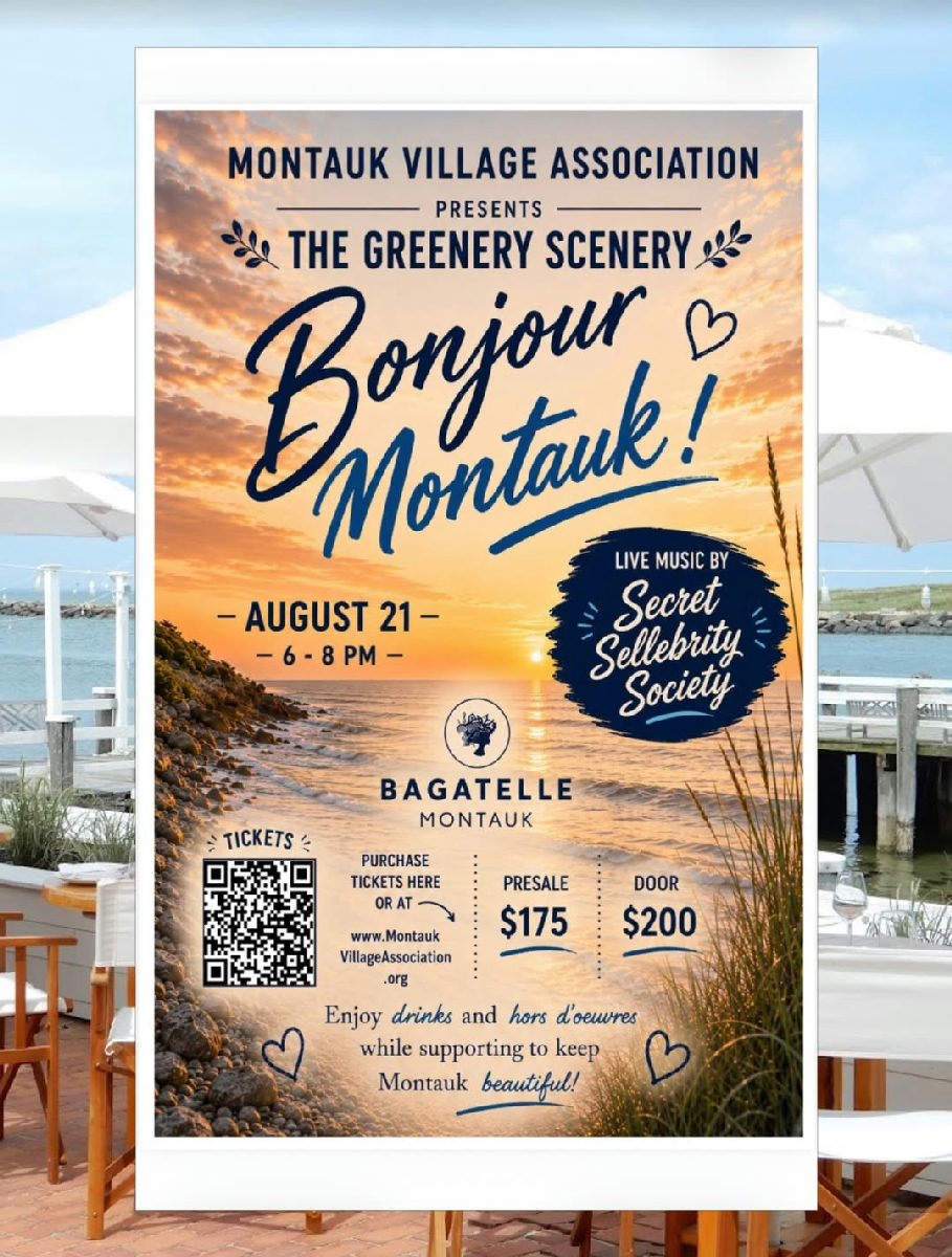 Flyer for The Greenery Scenery: Bonjour Montauk! ft. Secret Sellebrity Society at Bagatelle Beach