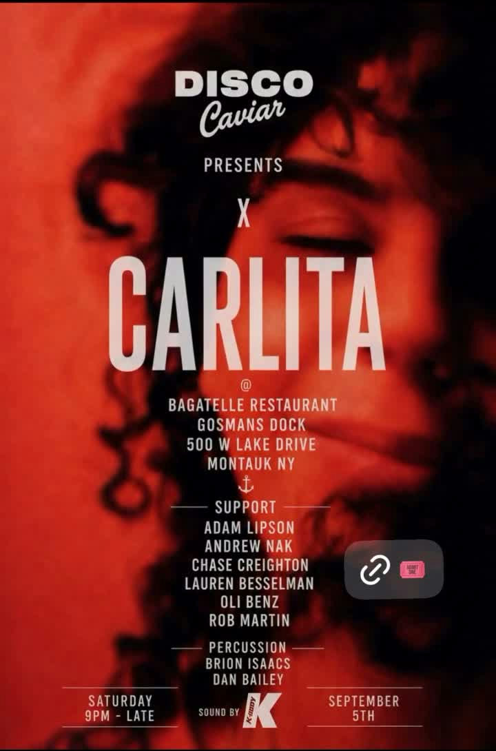 Flyer for Disco Caviar ft. CARLITA / ADAM LIPSON / ANDREW NAK / CHASE CREIGHTON / LAUREN BESSELMAN / OLI BENZ / ROB MARTIN at Bagatelle Beach