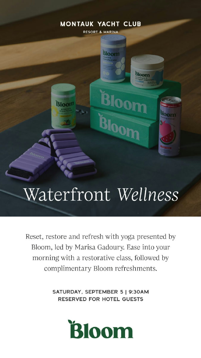 Flyer for Waterfront Wellness: Yoga with Marisa Gadoury at Montauk Yacht Club