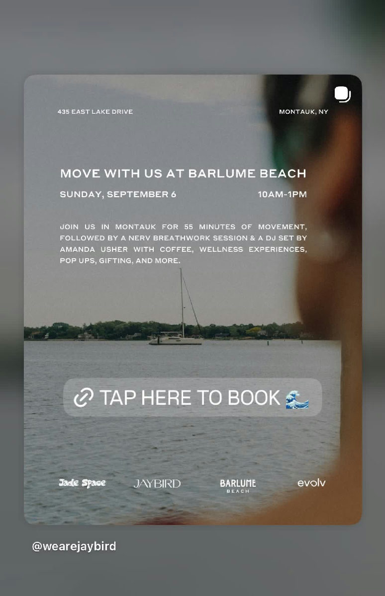 Flyer for Move With Us: Jaybird x Jade Space (DJ set by Amanda Usher) at Barlume Beach