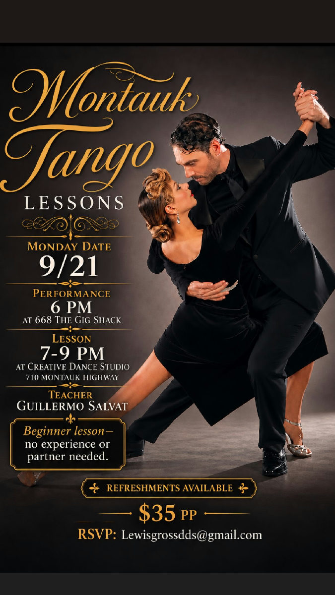 Flyer for Montauk Tango Lessons w/ Guillermo Salvat at 668 The Gig Shack