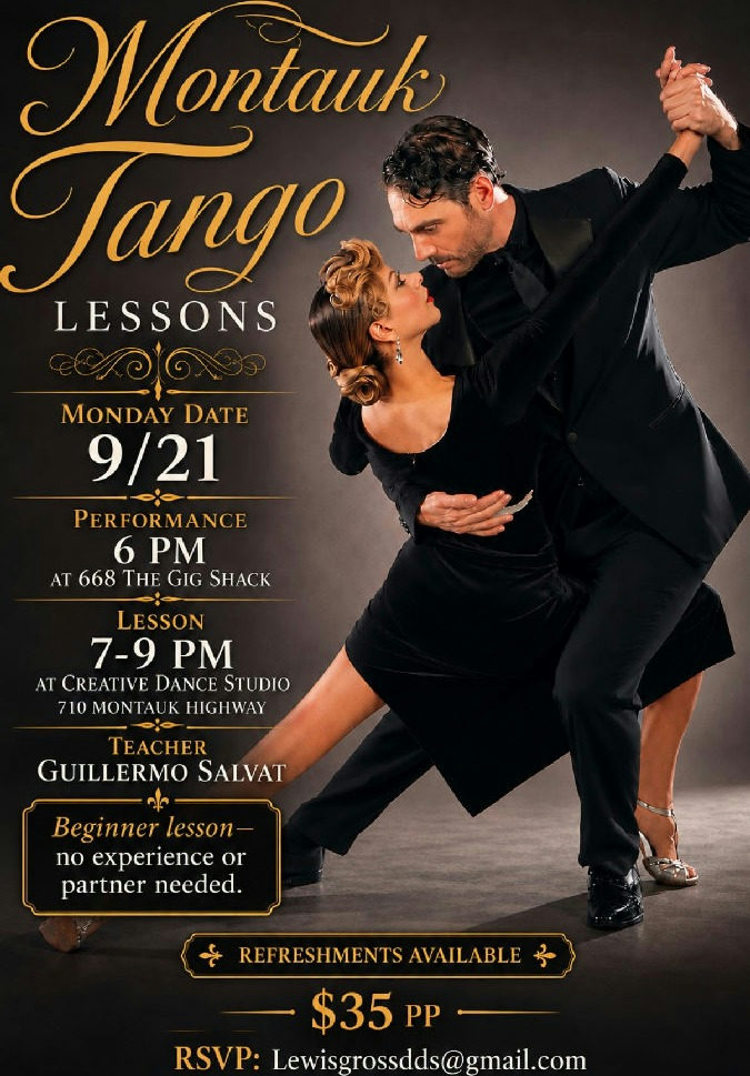 Flyer for Montauk Tango Lesson with Guillermo Salvat at Creative Edge Studio